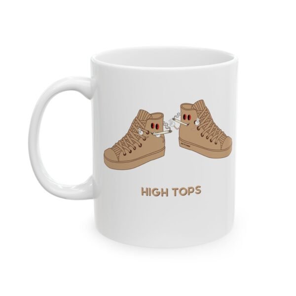 This high tops mug features two tan high tops smoking joints with 'High Tops' written below in same color tan