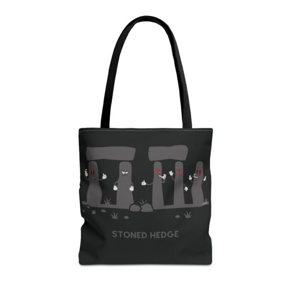 This stoned hedge tote bag features the grey rocks smoking joints.