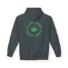 This plant lover weed leaf hoodie features a bold weed leaf design with 'Plant Lover' written around it, all in a green color same as the weed leaf itself.