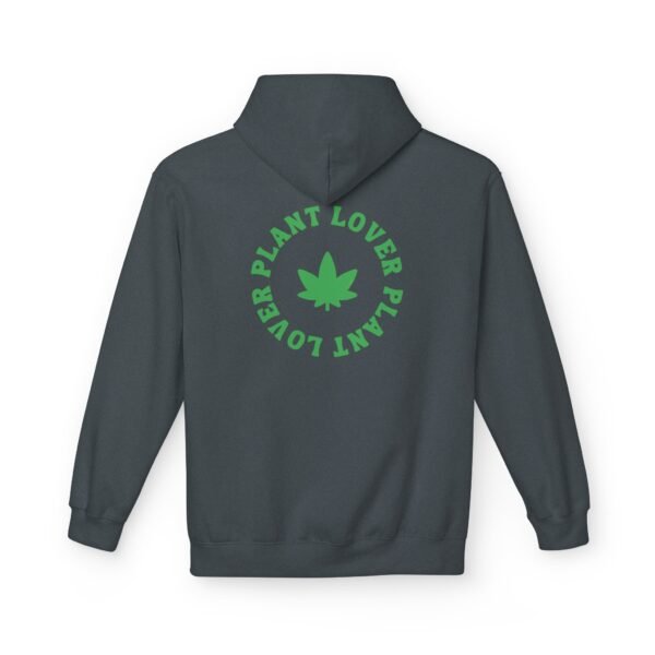 This plant lover weed leaf hoodie features a bold weed leaf design with 'Plant Lover' written around it, all in a green color same as the weed leaf itself.