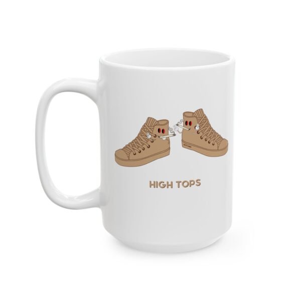 This high tops mug features two tan high tops smoking joints with 'High Tops' written below in same color tan