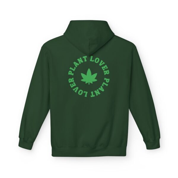 This plant lover weed leaf hoodie features a bold weed leaf design with 'Plant Lover' written around it, all in a green color same as the weed leaf itself.