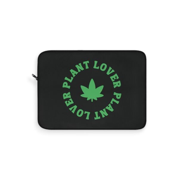 This plant lover weed leaf laptop sleeve features a bold weed leaf design with 'Plant Lover' written around it, all in a green color same as the weed leaf itself. Weed Leaf Tote Bag is black