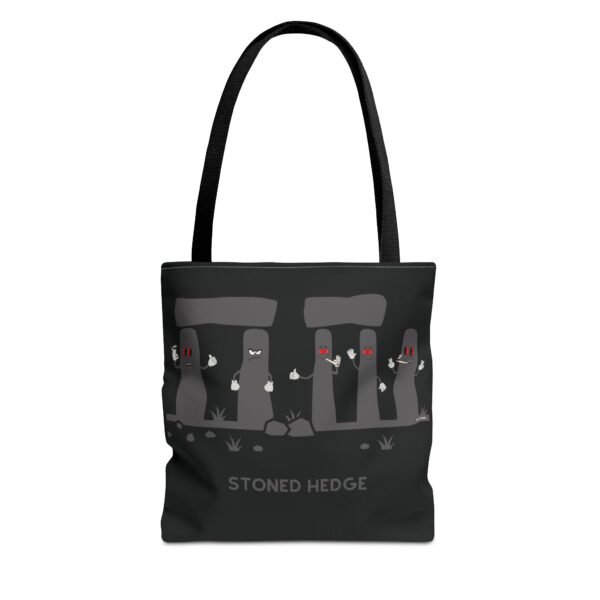 This stoned hedge tote bag features the grey rocks smoking joints.
