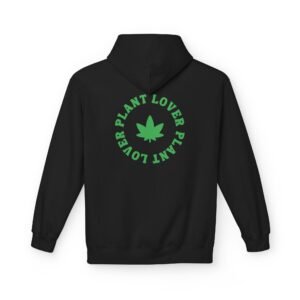 This plant lover weed leaf hoodie features a bold weed leaf design with 'Plant Lover' written around it, all in a green color same as the weed leaf itself.