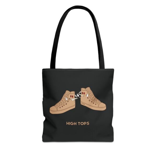 This high tops tote bag features two high tops smoking joints with 'High Tops' written below in same color tan