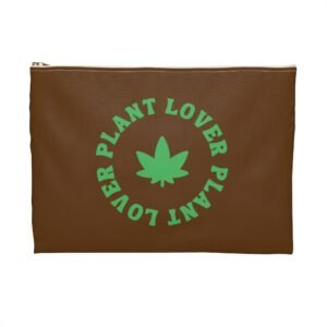Back (4) This plant lover weed leaf pouch features a bold weed leaf design with 'Plant Lover' written around it, all in a green color same as the weed leaf itself. Weed Leaf pouch is brown