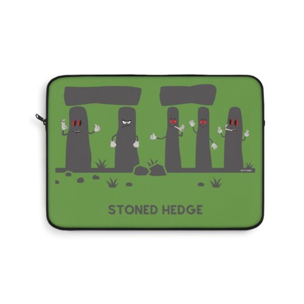 This stoned hedge laptop sleeve features the grey rocks smoking joints.