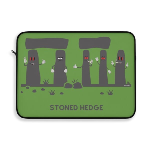 This stoned hedge laptop sleeve features the grey rocks smoking joints.