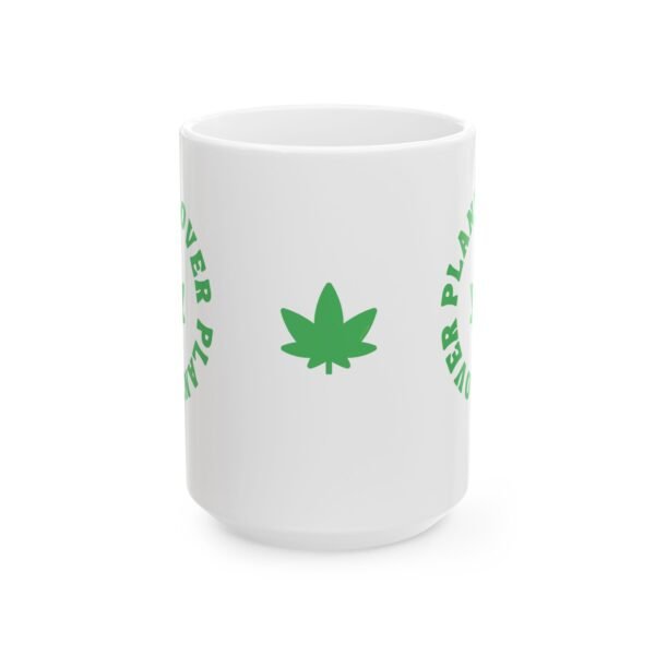 This ceramic weed leaf mug features a bold weed leaf design with 'Plant Lover' written around it, all in a green color same as the weed leaf itself.