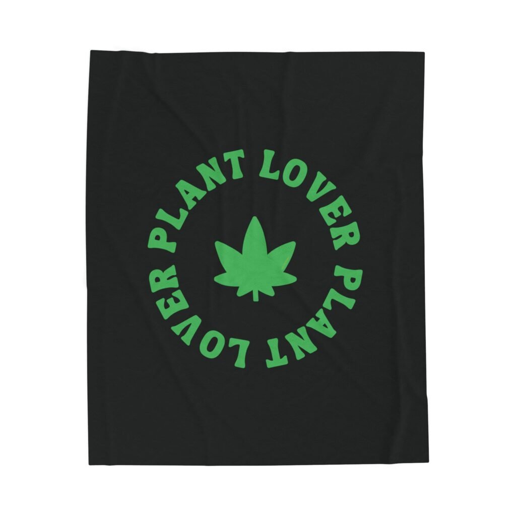This plant lover weed leaf blanket features a bold weed leaf design with 'Plant Lover' written around it, all in a green color same as the weed leaf itself. Weed Leaf blanket is black.