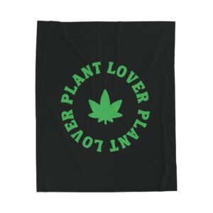 Front (48) This plant lover weed leaf blanket features a bold weed leaf design with 'Plant Lover' written around it, all in a green color same as the weed leaf itself. Weed Leaf blanket is black.