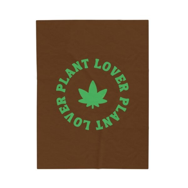 This plant lover weed leaf blanket features a bold weed leaf design with 'Plant Lover' written around it, all in a green color same as the weed leaf itself. Weed Leaf blanket is brown