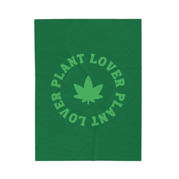 This plant lover weed leaf blanket features a bold weed leaf design with 'Plant Lover' written around it, all in a green color same as the weed leaf itself. Weed Leaf blanket is green