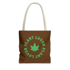 This plant lover weed leaf tote bag features a bold weed leaf design with 'Plant Lover' written around it, all in a green color same as the weed leaf itself. Weed Leaf Tote Bag is brown