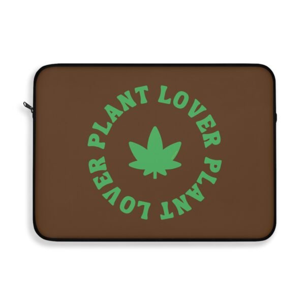 This plant lover weed leaf laptop sleeve features a bold weed leaf design with 'Plant Lover' written around it, all in a green color same as the weed leaf itself. Weed Leaf Laptop Sleeve is Brown