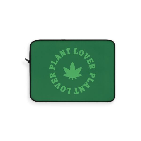 This plant lover weed leaf laptop sleeve features a bold weed leaf design with 'Plant Lover' written around it, all in a green color same as the weed leaf itself. Weed Leaf Laptop Sleeve is Green