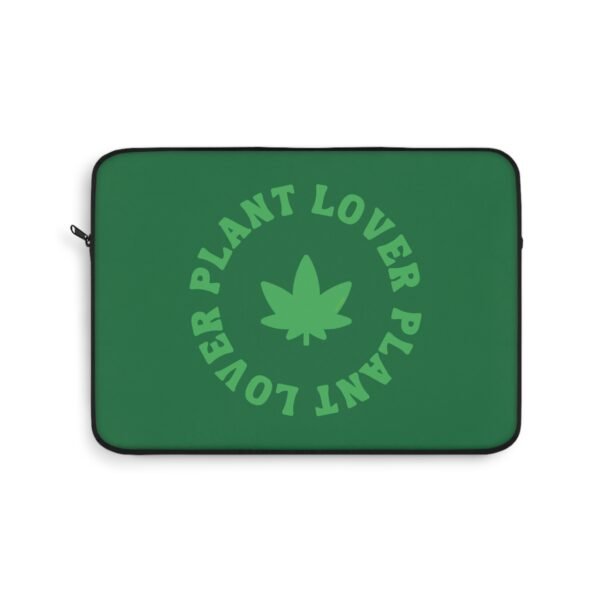This plant lover weed leaf laptop sleeve features a bold weed leaf design with 'Plant Lover' written around it, all in a green color same as the weed leaf itself. Weed Leaf Laptop Sleeve is Green