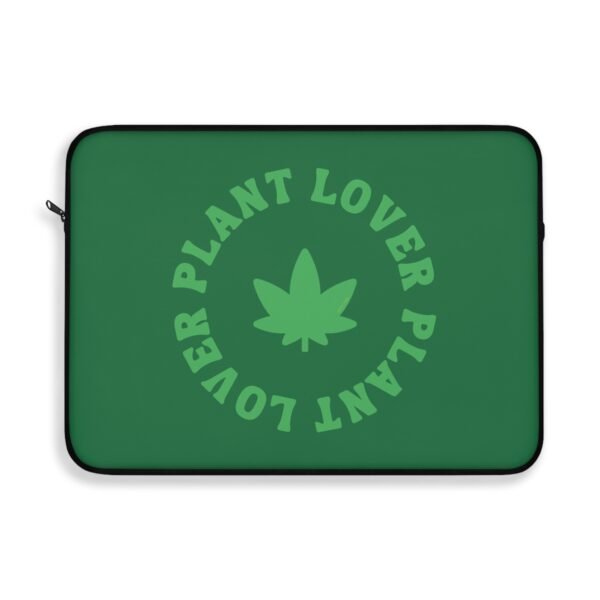 This plant lover weed leaf laptop sleeve features a bold weed leaf design with 'Plant Lover' written around it, all in a green color same as the weed leaf itself. Weed Leaf Laptop Sleeve is Green