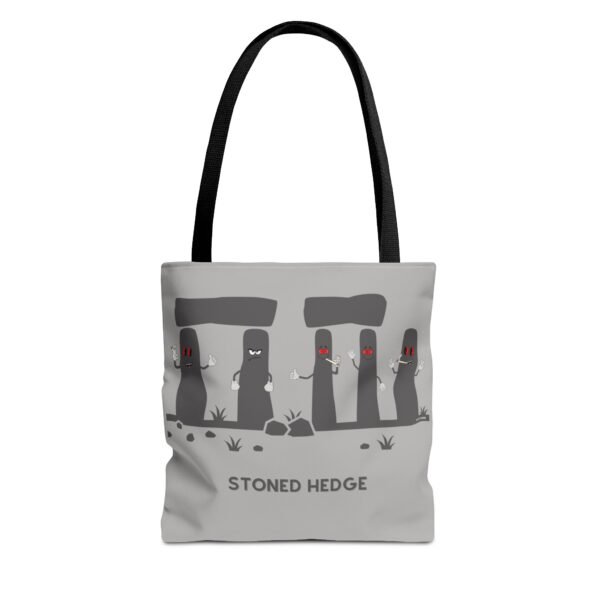 This stoned hedge tote bag features the grey rocks smoking joints.