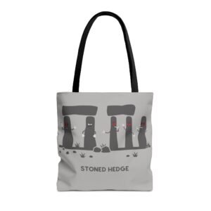 This stoned hedge tote bag features the grey rocks smoking joints.