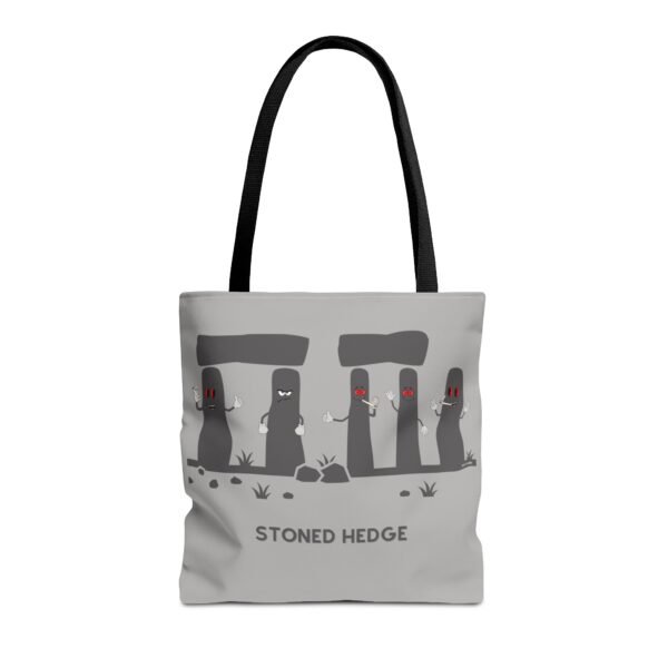 This stoned hedge tote bag features the grey rocks smoking joints.