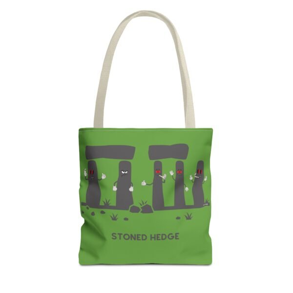 This stoned hedge tote bag features the grey rocks smoking joints.