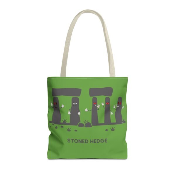 This stoned hedge tote bag features the grey rocks smoking joints.