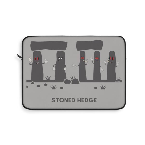 This stoned hedge laptop sleeve features the grey rocks smoking joints.