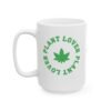 This ceramic weed leaf mug features a bold weed leaf design with 'Plant Lover' written around it, all in a green color same as the weed leaf itself.