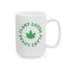 This ceramic weed leaf mug features a bold weed leaf design with 'Plant Lover' written around it, all in a green color same as the weed leaf itself.
