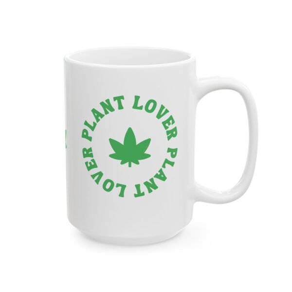 This ceramic weed leaf mug features a bold weed leaf design with 'Plant Lover' written around it, all in a green color same as the weed leaf itself.