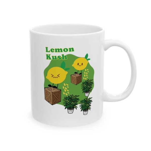 10002891571948041563_2048.jpeg This Lemon Kush Mug features two weed leaves two lemons standing on boxes squirting lemon juice on weed plants like they are peeing on them. "Lemon Kush is written above the lemons with a green background.
