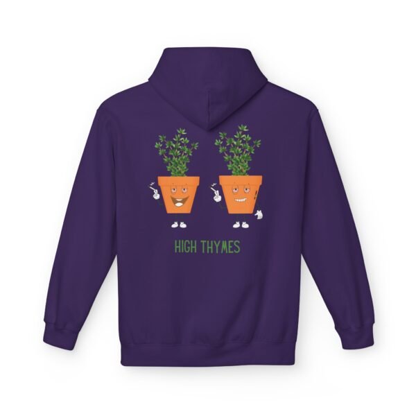 This high thymes hoodie features two thyme plants smoking joints with 'High Thymes' written below in green