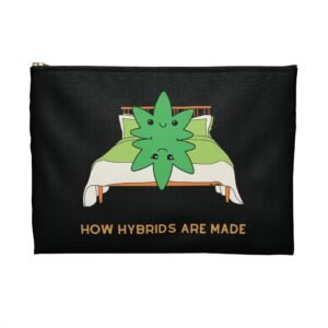 This how hybrids are made accessory pouch features two weed leaves laying in bed on top of each other with "How Hybrids Are Made" written below