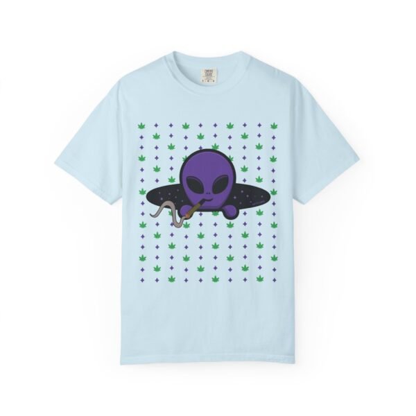 10264157705937267750_2048.jpeg Purple Alien Portal T-shirt features a purple alien popping out of a black hole smoking a blunt. weed pattern behind alien