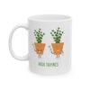 This high thymes mugs features two thyme plants smoking joints with 'High Thymes' written below in green
