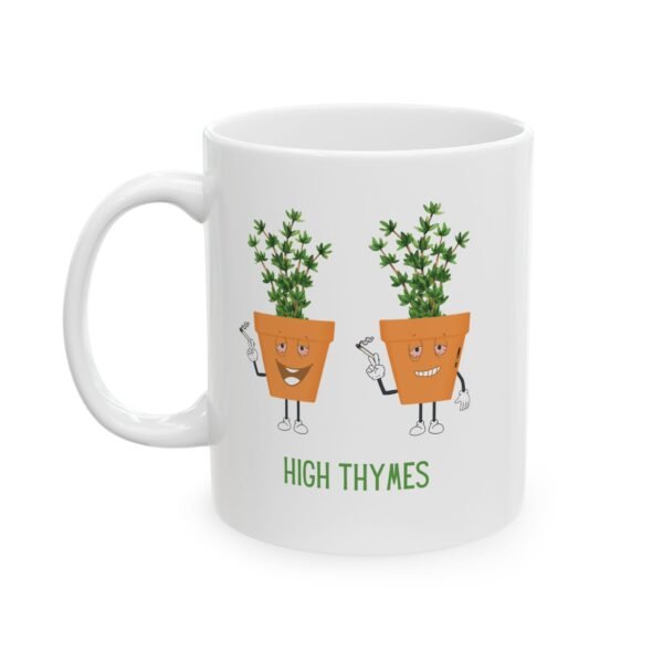 This high thymes mugs features two thyme plants smoking joints with 'High Thymes' written below in green