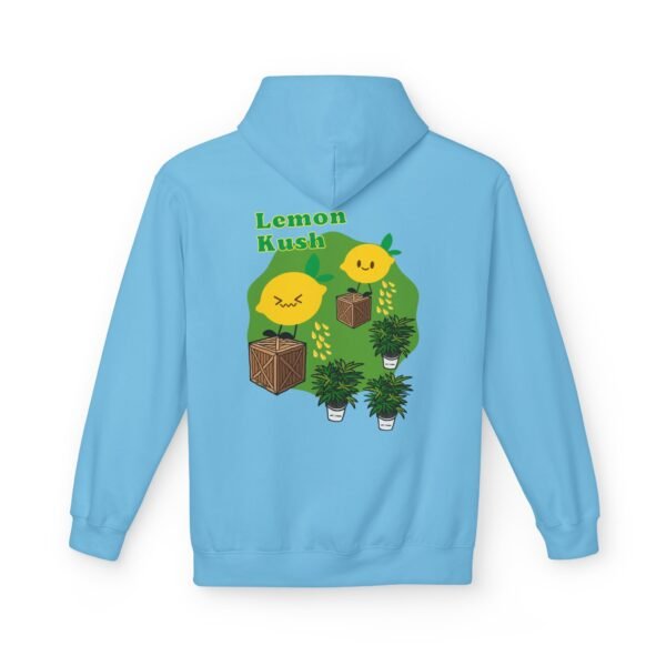 This Lemon Kush hoodie features two weed leaves two lemons standing on boxes squirting lemon juice on weed plants like they are peeing on them. "Lemon Kush is written above the lemons with a green background.