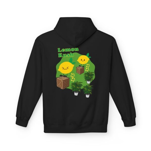 This Lemon Kush hoodie features two weed leaves two lemons standing on boxes squirting lemon juice on weed plants like they are peeing on them. "Lemon Kush is written above the lemons with a green background.