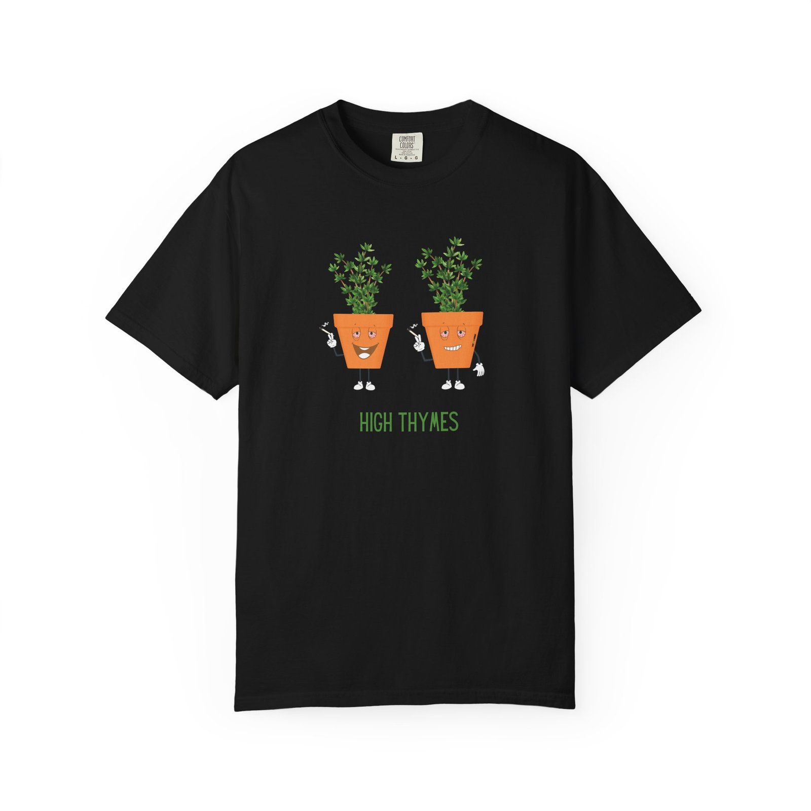This high thymes t -shirt features two thyme plants smoking joints with 'High Thymes' written below in green