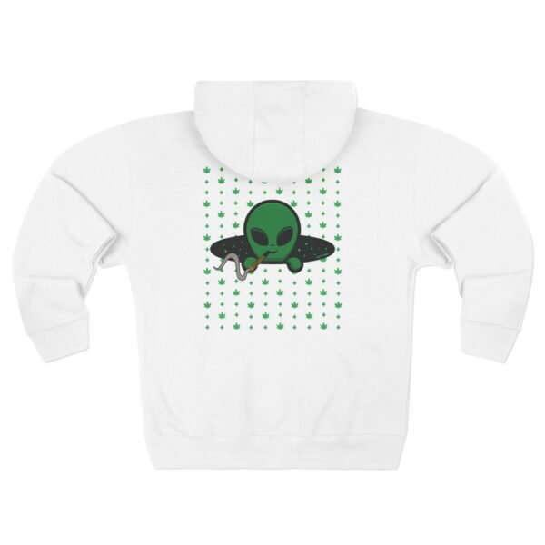 Green Alien Portal Zip up features a green alien popping out of a black hole smoking a blunt. weed pattern behind alien