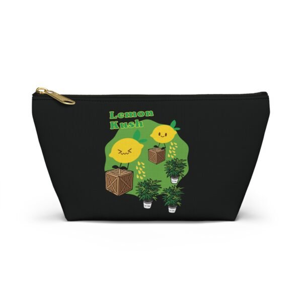 This Lemon Kush accessory pouch t-bag features two weed leaves two lemons standing on boxes squirting lemon juice on weed plants like they are peeing on them. "Lemon Kush is written above the lemons with a green background.