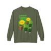 This Lemon Kush Sweatshirt features two weed leaves two lemons standing on boxes squirting lemon juice on weed plants like they are peeing on them. "Lemon Kush is written above the lemons with a green background.