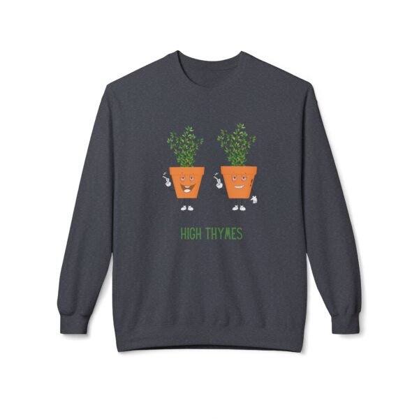 This high thymes sweatshirt features two thyme plants smoking joints with 'High Thymes' written below in green