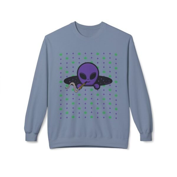Purple Alien Portal sweatshirt features a purple alien popping out of a black hole smoking a blunt. weed pattern behind alien