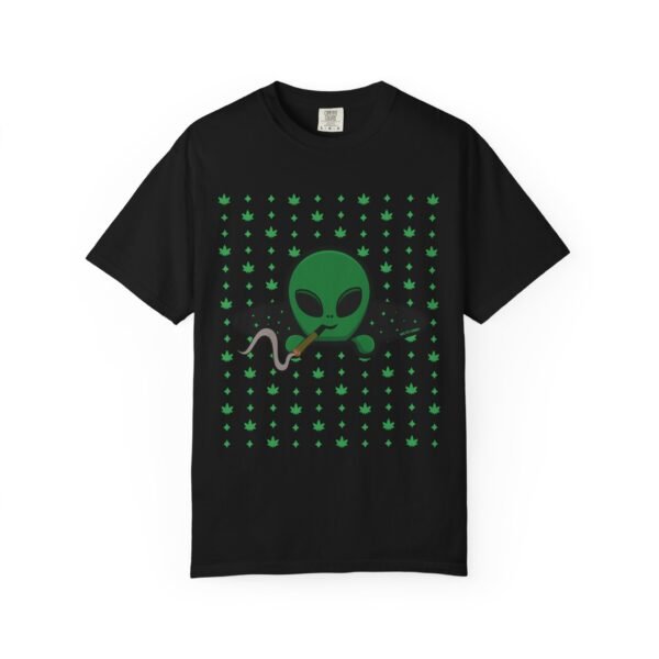 11867543838352951501_2048.jpeg Green Alien Portal T-Shirt features a green alien popping out of a black hole smoking a blunt. weed pattern behind alien