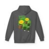 This Lemon Kush hoodie features two weed leaves two lemons standing on boxes squirting lemon juice on weed plants like they are peeing on them. "Lemon Kush is written above the lemons with a green background.