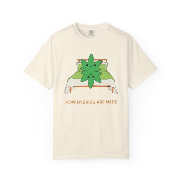 This how hybrids are made t-shirt features two weed leaves laying in bed on top of each other with "How Hybrids Are Made" written below