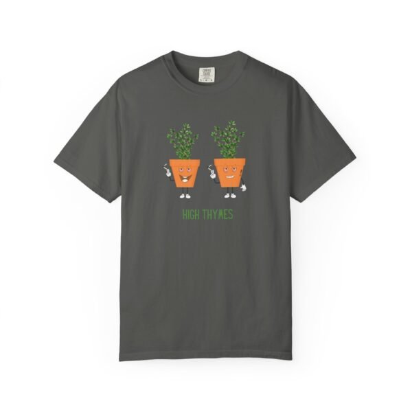 This high thymes t -shirt features two thyme plants smoking joints with 'High Thymes' written below in green
